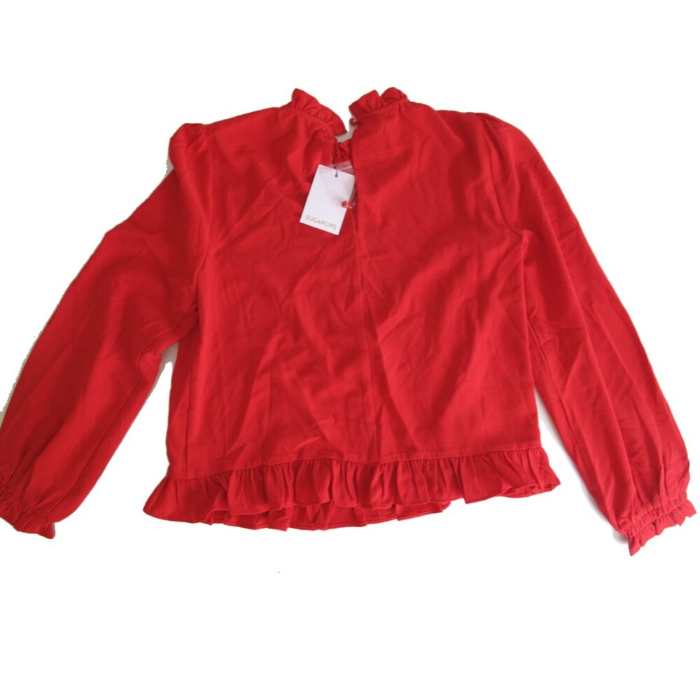 🆕 SUGARLIPS Blouse NWT Red Size Small Long sleeves Shirt Top Ruffle Trim